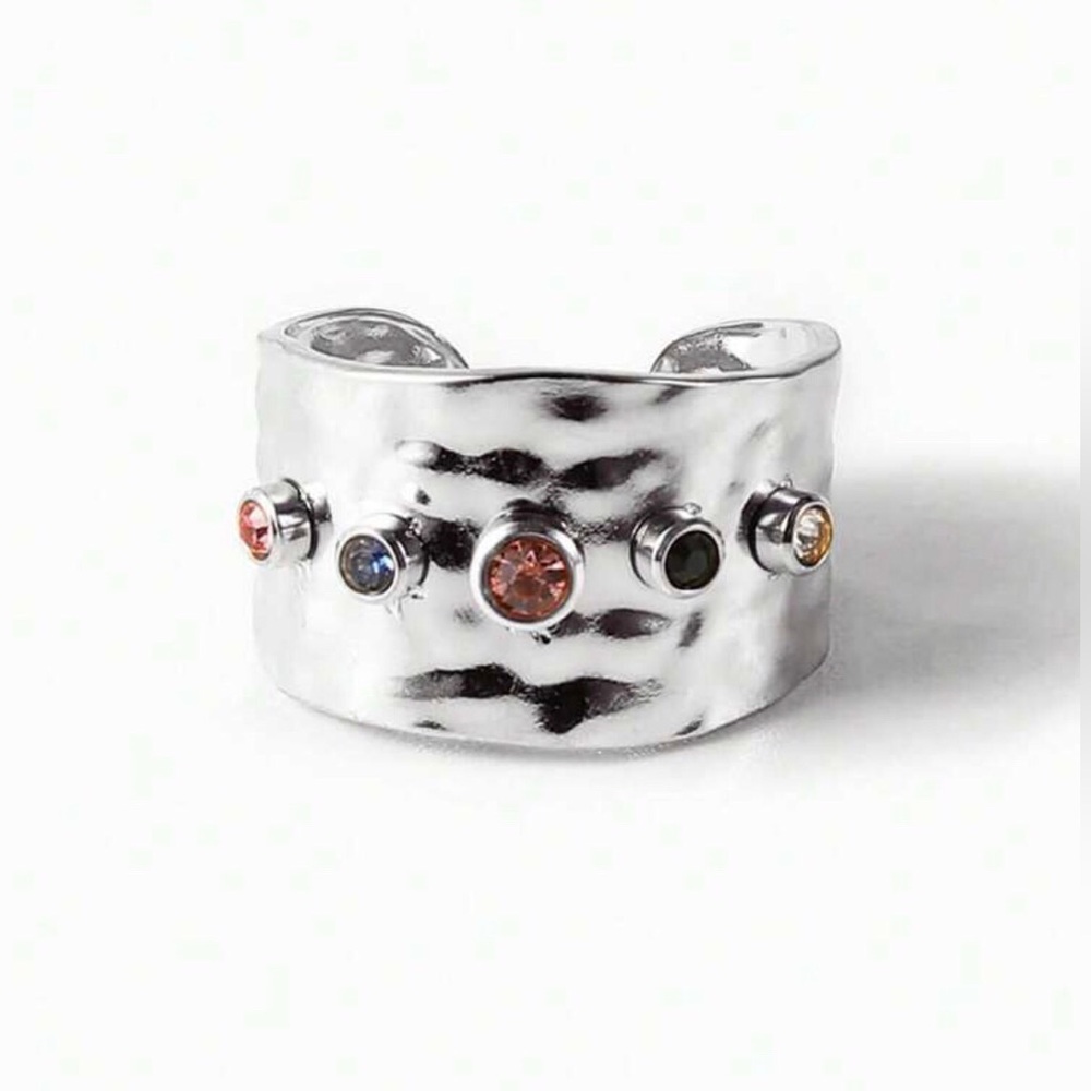 New Free People Silver Textured Open Cuff Cubic Zirconia Statement Ring - Picture 14 of 16